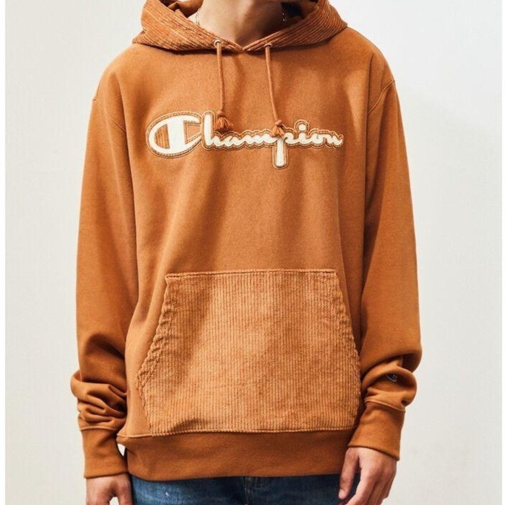VTG Champion Cognac Brown Corduroy Accent Hoodie Retro Size Medium